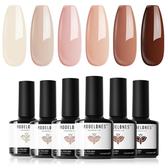 Gel Nail Polish Set- 6 Colors Nude Gel Polish All Seasons Skin Tones Pink Neutral Brown Gel Polish Kit, Soak off LED Gel Nail Kit Manicure DIY Home