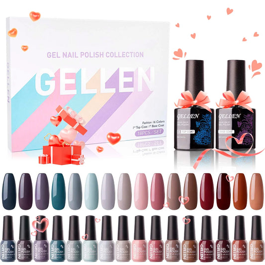 Gel Nail Polish Kit, 16 Colors Gel Polish Set with Top & Base Coat, Nail Gel Polish Neutral Wine Browns, Nail Art Manicure Set Gifts for Women